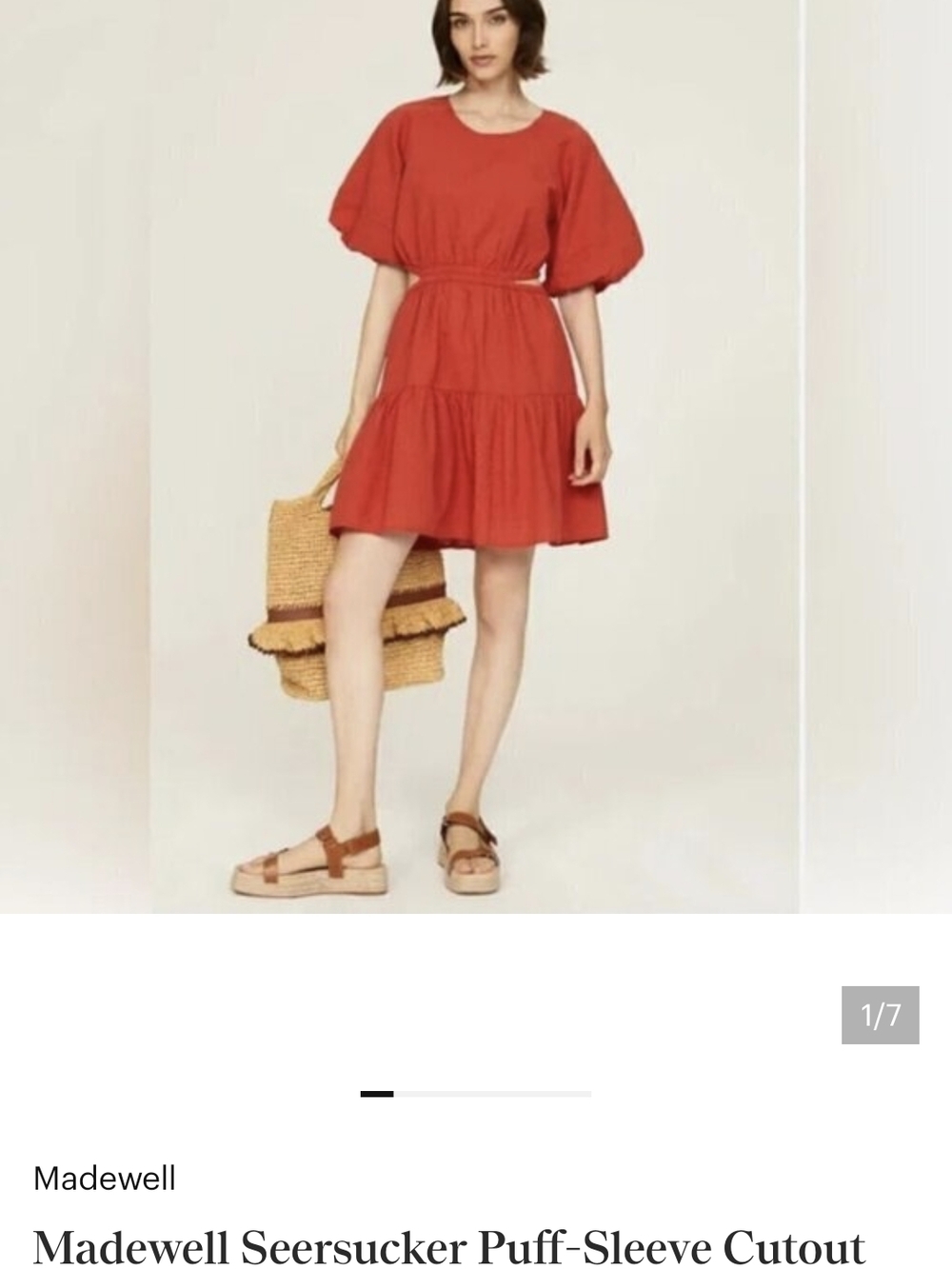 Madewell Seersucker Puff Sleeve Cutout Mini Dress NF870 Coral XS